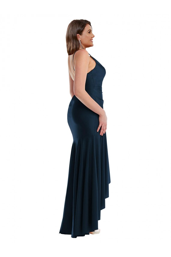 Affordable Pleated Wrap Ruffled High Low Silky Satin Prom Dress