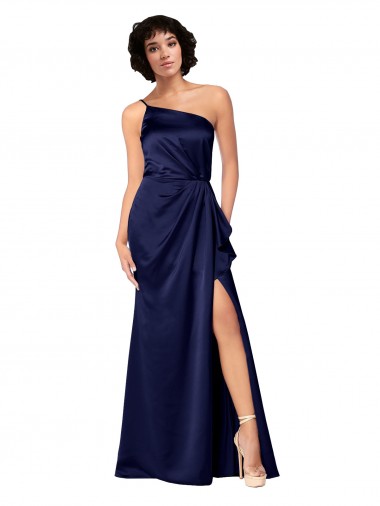 Affordable One Shoulder Silky Satin Prom Dress with Skirt Slit