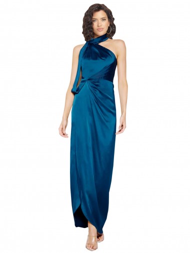 Affordable High Halter Neck Silky Satin Prom Dress with Sash Overlay and Side Split