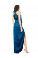 Affordable High Halter Neck Silky Satin Prom Dress with Sash Overlay and Side Split