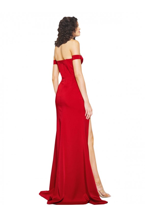 Affordable Off the Shoulder Sweetheart Bustier Style Silky Satin Prom Dress with Side Split