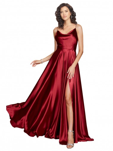 Affordable Cowl Neckline Long Silky Satin Prom Dress with Spaghetti Straps