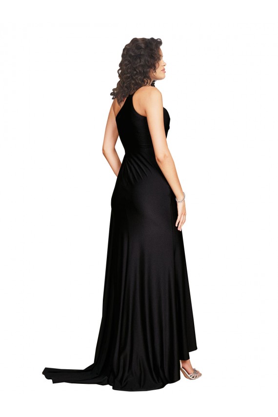 Affordable Floor Length One Shoulder Silky Satin Prom Dress with Side Slit
