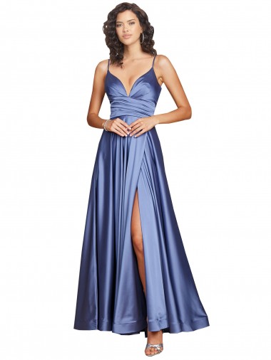 Affordable Deep V-Neck Sweetheart Long Silky Satin Prom Dress with Thigh High Slit