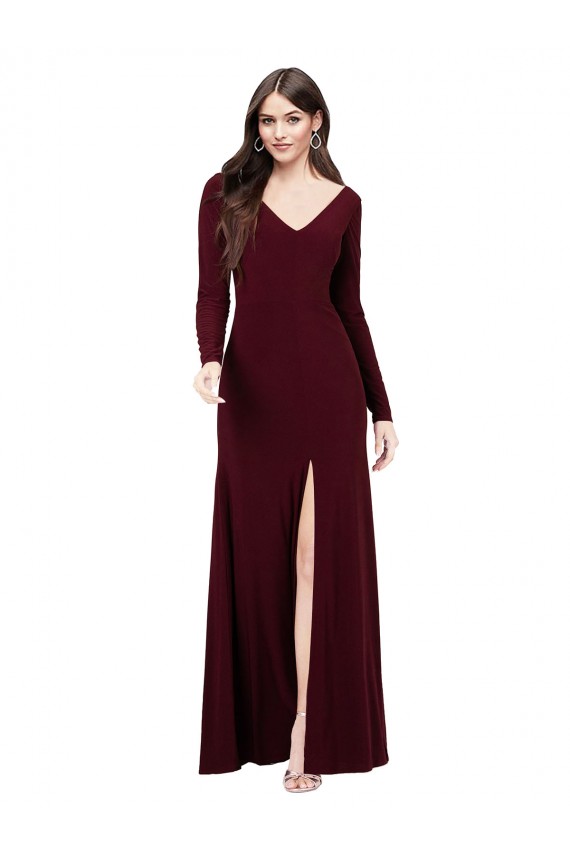 Affordable Long Sleeves Spandex Prom Dress with Front Slit
