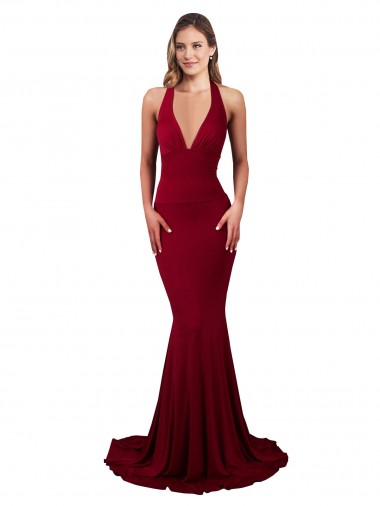 Affordable Halter Mermaid Plunge V-Neckline Open Back Bow Tie Spandex Prom Dress