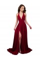Affordable A-Line Halter Plunge V-Neckline Open Back Spandex Prom Dress with Slit