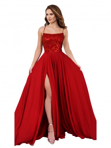 Affordable Lace Over Bodice Long Spandex Prom Dress with Slit