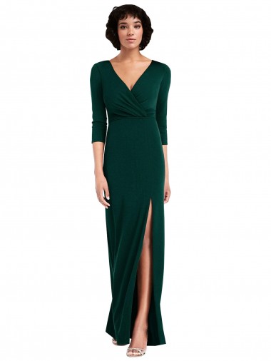 Affordable Floor Length 3/4 Sleeves V-Back Draped Wrap Maxi Spandex Prom Dress