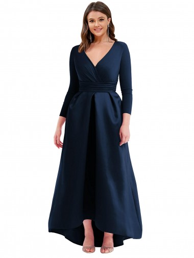 Affordable Long Sleeves Wrapped Spandex Prom Dress with High Low Full Skirt and Pockets