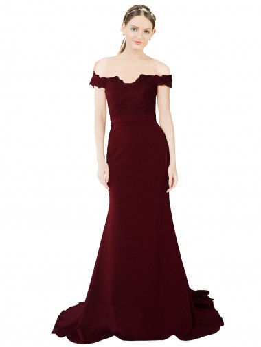 Affordable Full Length Off the Shoulder Formal Crepe Prom Dress with Lace On Bodice and Back