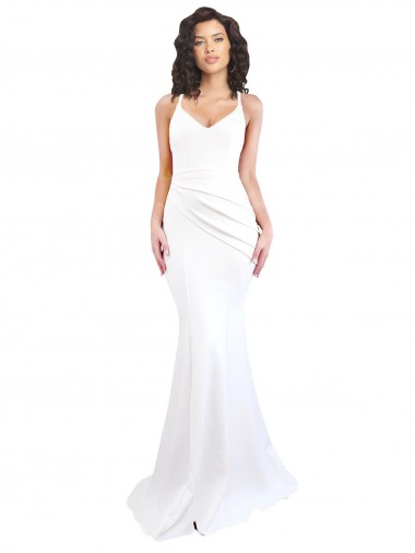 Affordable Fishtail Shape Spaghetti Straps Open Back Crepe Prom Dress with Ruffles