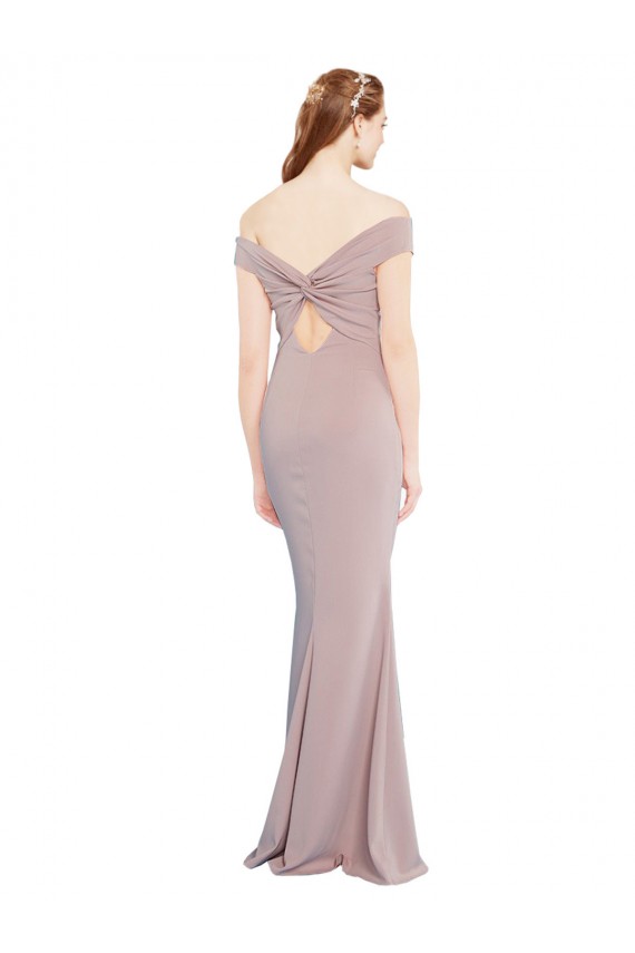 Affordable Knotted Off the Shoulder Crepe Prom Dress with Cut-Out Back