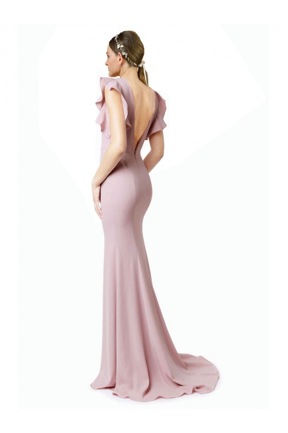 Affordable Low V-Back Long Mermaid Crepe Prom Dress with Ruffled Sleeves