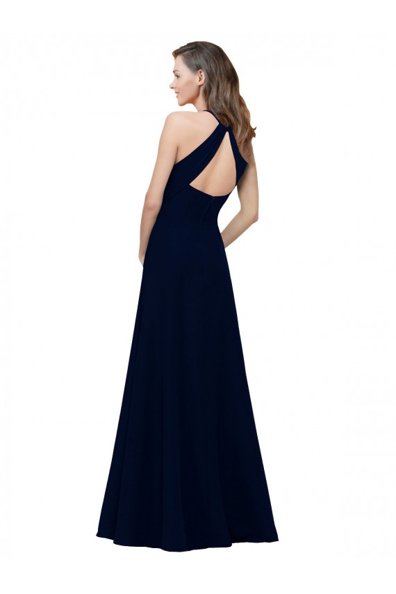 Affordable High Neck Crepe Prom Dress with Pleats and Keyhole Back