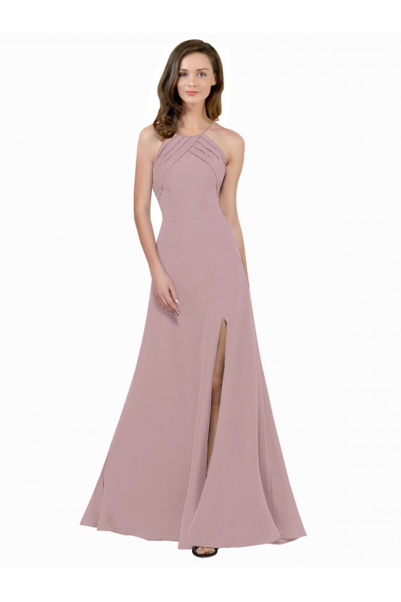Affordable High Neck Crepe Prom Dress with Pleats and Keyhole Back