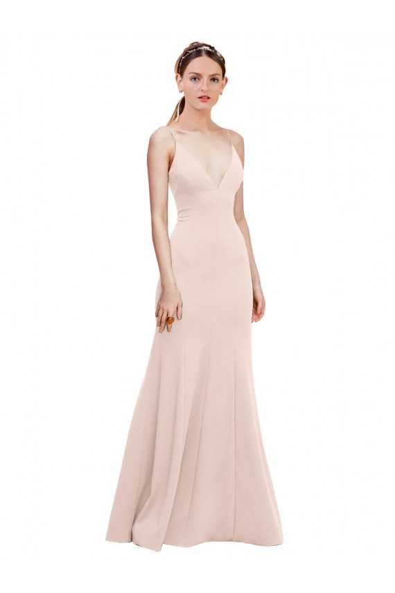 Affordable Deep V-Neck and Back Long Crepe Prom Dress