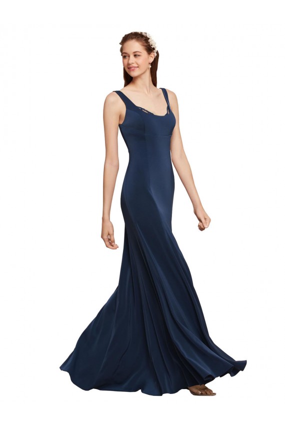 Affordable Fit and Flare Long Crepe Prom Dress with Round Neck