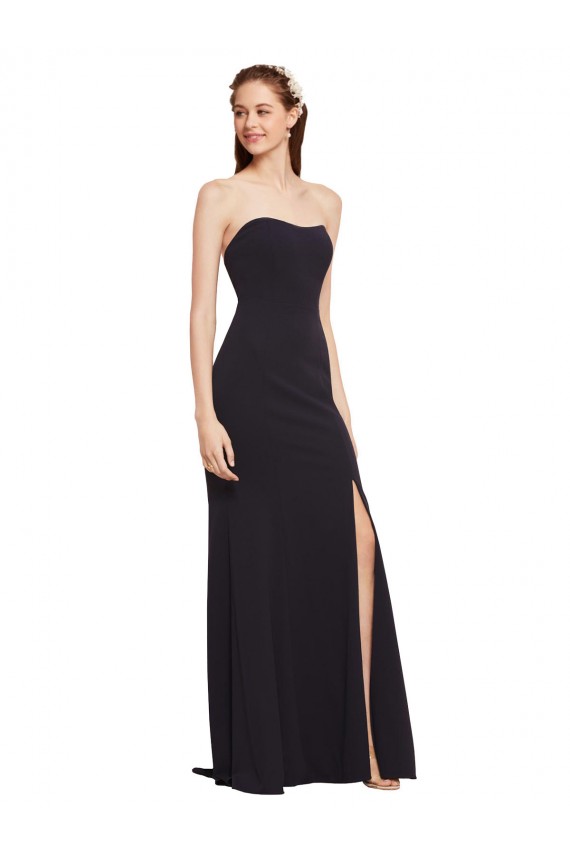 Affordable Strapless Bodycon Long Crepe Prom Dress with High Slit