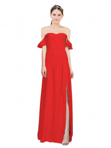 Affordable Double Ruffle Flounce Sleeves Crepe Prom Dress with Slit