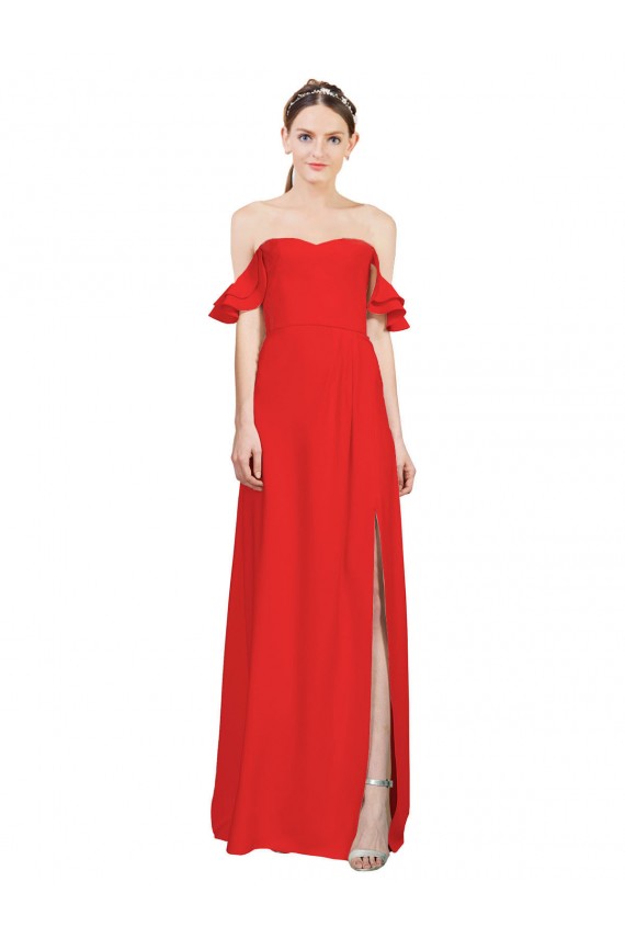 Affordable Double Ruffle Flounce Sleeves Crepe Prom Dress with Slit