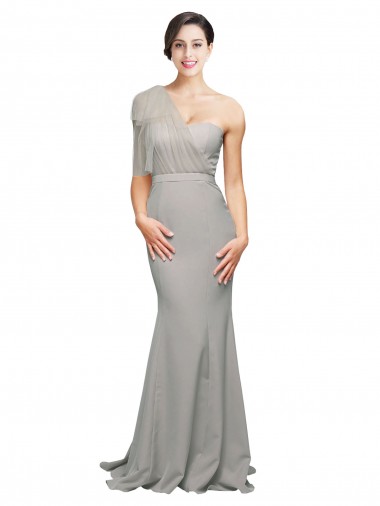 Affordable Long Sweep Train Sweetheart Crepe Prom Dress with Tulle One Shoulder