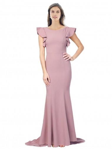 Affordable Flutter Sleeves Low V-Back High Round Neck Crepe Prom Dress