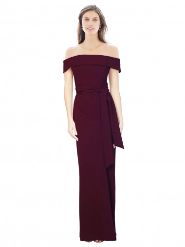 Affordable Off the Shoulder Long Crepe Prom Dress with Waist Tie