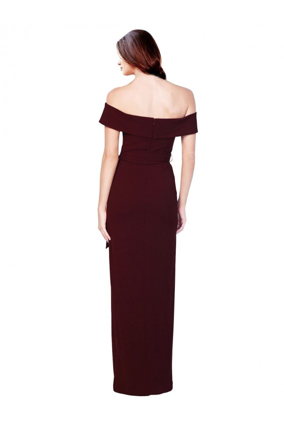 Affordable Off the Shoulder Long Crepe Prom Dress with Waist Tie