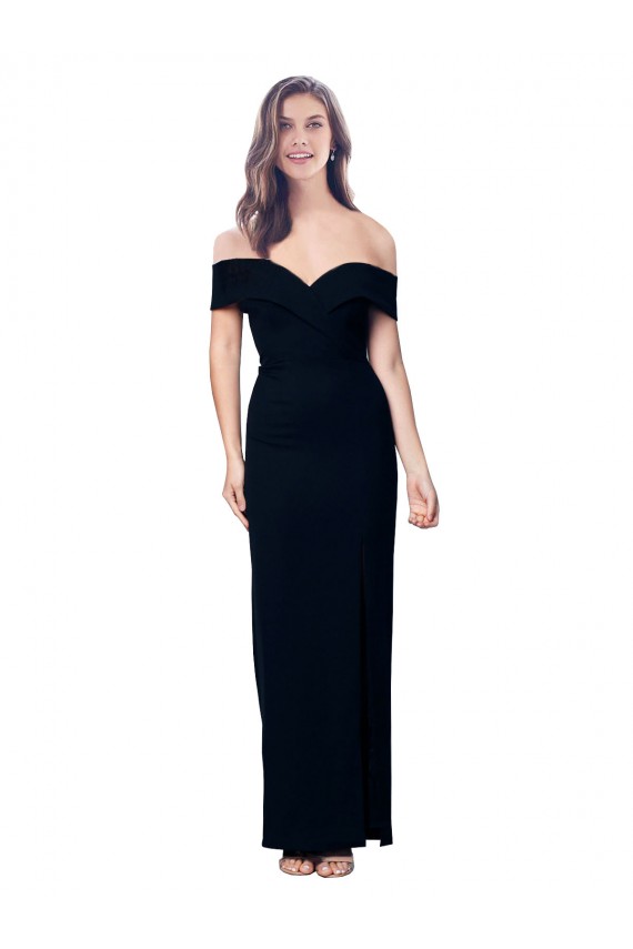 Affordable Off the Shoulder Long Full Length Crepe Prom Dress with Side Split