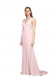 Affordable Deep V-Neckline and Back Long Sweep Train Crepe Prom Dress with Shoulder Straps