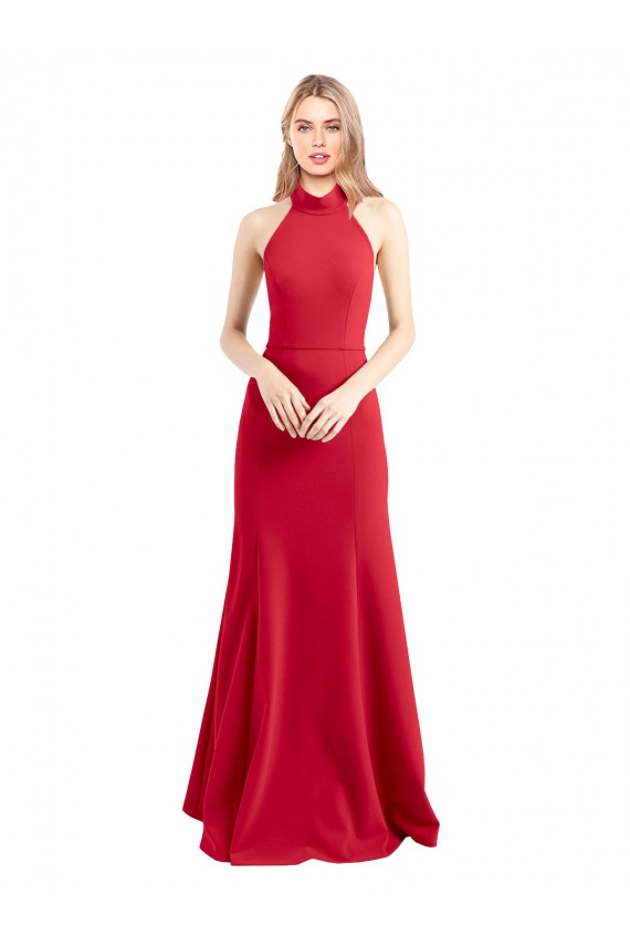 Affordable Sleek Fit and Flare High Neck Halter Stretch Crepe Prom Dress with Open Back
