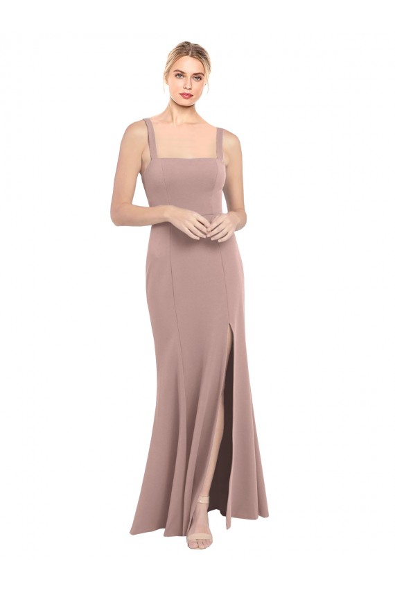 Affordable Square Neck Fit and Flare Long Stretch Crepe Prom Dress with Side Slit