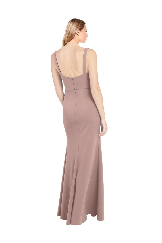 Affordable Square Neck Fit and Flare Long Stretch Crepe Prom Dress with Side Slit
