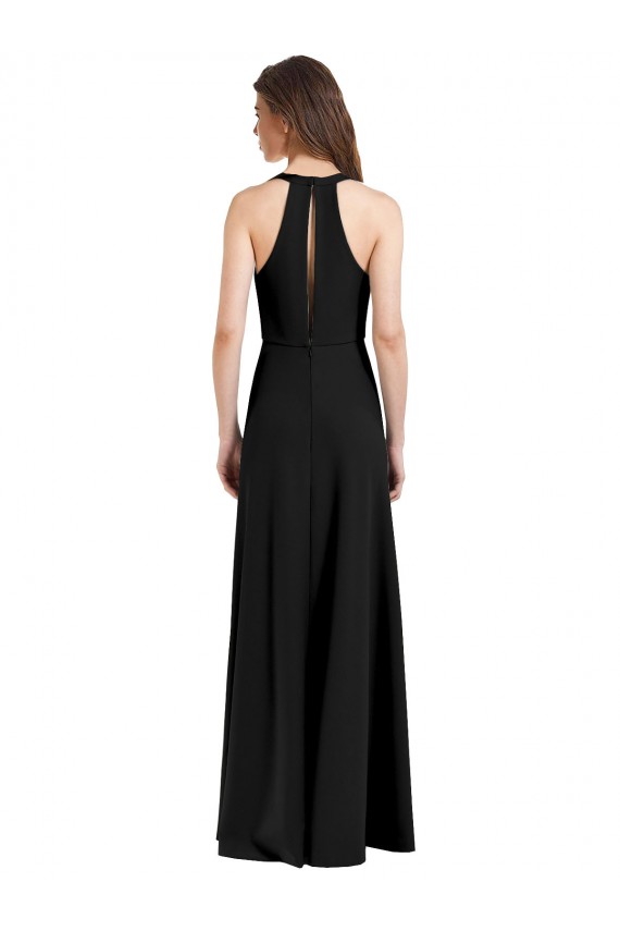 Affordable Sleek Halter V-Neck Long A-Line Stretch Crepe Prom Dress with Front Slit