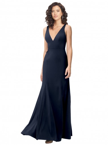 Affordable Classic V-Neck Long Stretch Crepe Prom Dress with V-Back