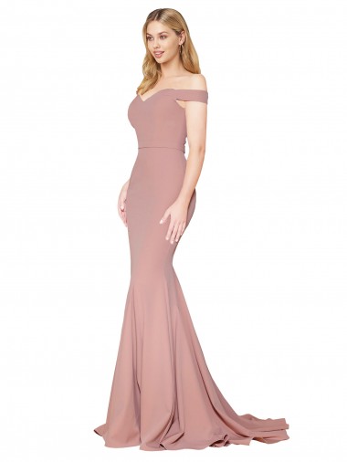 Affordable Off the Shoulder Sweetheart Long Sweep Train Crepe Prom Dress
