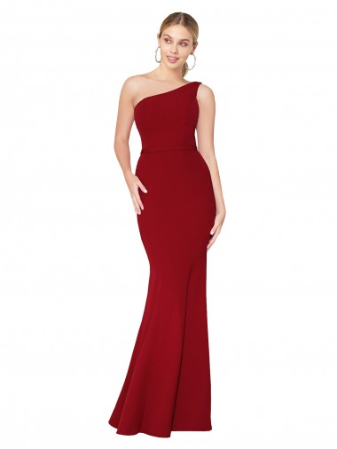 Affordable One Shoulder Long High Neck Sleeveless Mermaid Crepe Prom Dress