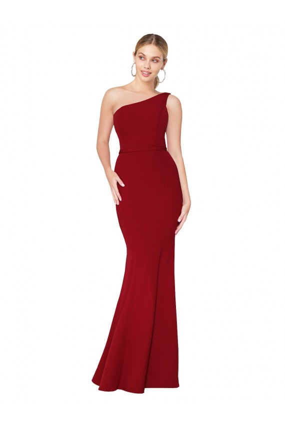 Affordable One Shoulder Long High Neck Sleeveless Mermaid Crepe Prom Dress
