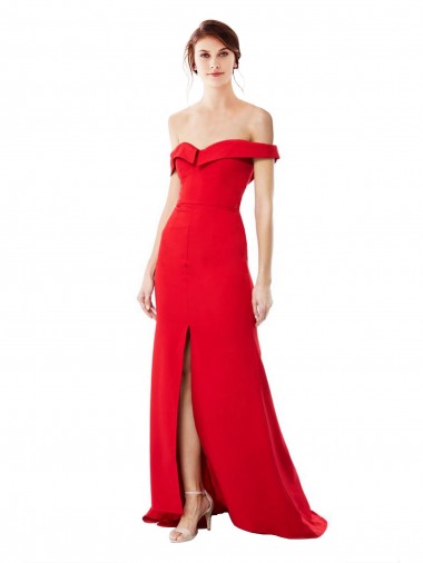 Affordable Off the Shoulder Chapel Train Crepe Prom Dress with Thigh-High slit