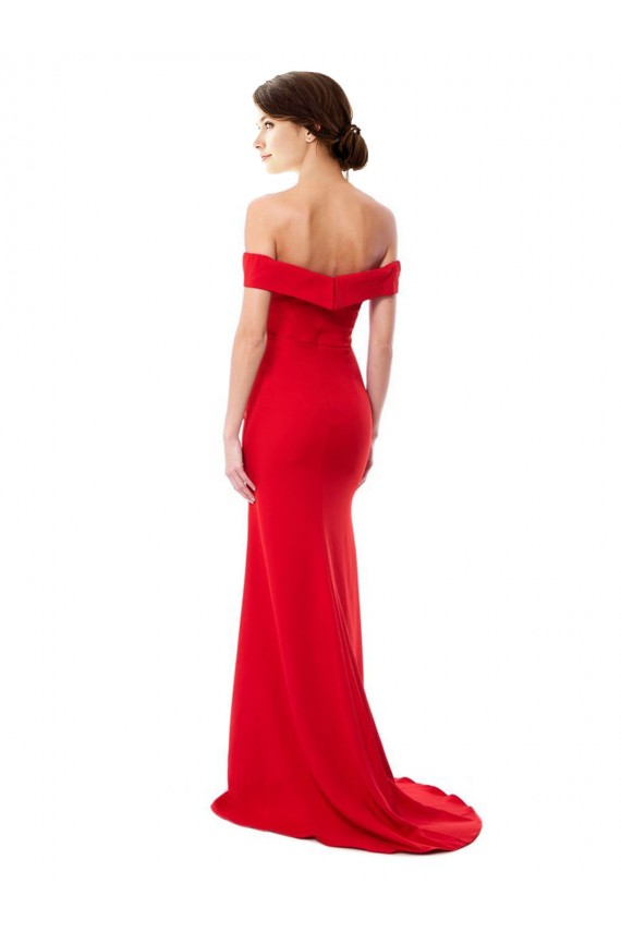 Affordable Off the Shoulder Chapel Train Crepe Prom Dress with Thigh-High slit