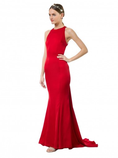 Affordable High Neck Mermaid Open Back Crepe Maxi Prom Dress with Train Detail
