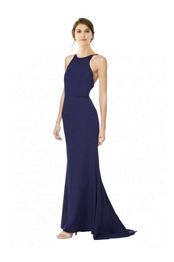 Affordable Fishtail High Neck Maxi Crepe Bridesmiad Dress with Strappy Back Detail