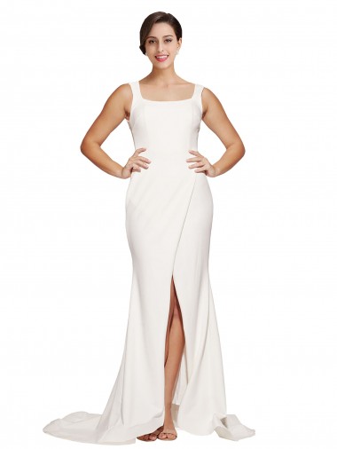 Affordable Square Neck Long Sheath Sweep Train Crepe Prom Dress 