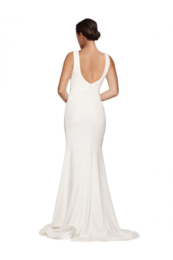 Affordable Square Neck Long Sheath Sweep Train Crepe Prom Dress 