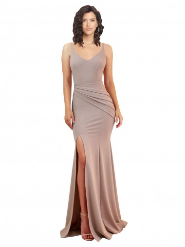 Affordable Fishtail Shape V-Neck Crepe Prom Dress with Slit