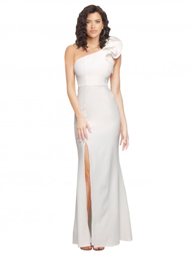 Affordable One Shoulder Long Full Length Crepe Prom Dress with Ruffles and Side Split