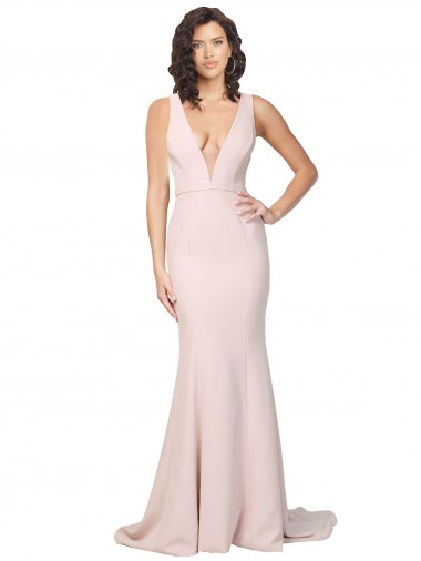 Affordable Deep Plunging V-Neckline Full Length Crepe Prom Dress with Deep V-Backline
