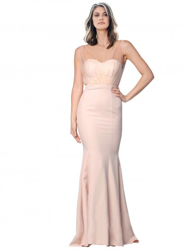 Affordable Full Length Sweetheart Crepe Prom Dress with Tulle Overlay