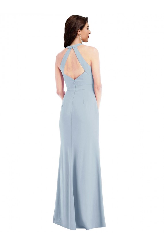 Affordable Open Back Halter Maxi Crepe Prom Dress with Draped Bow